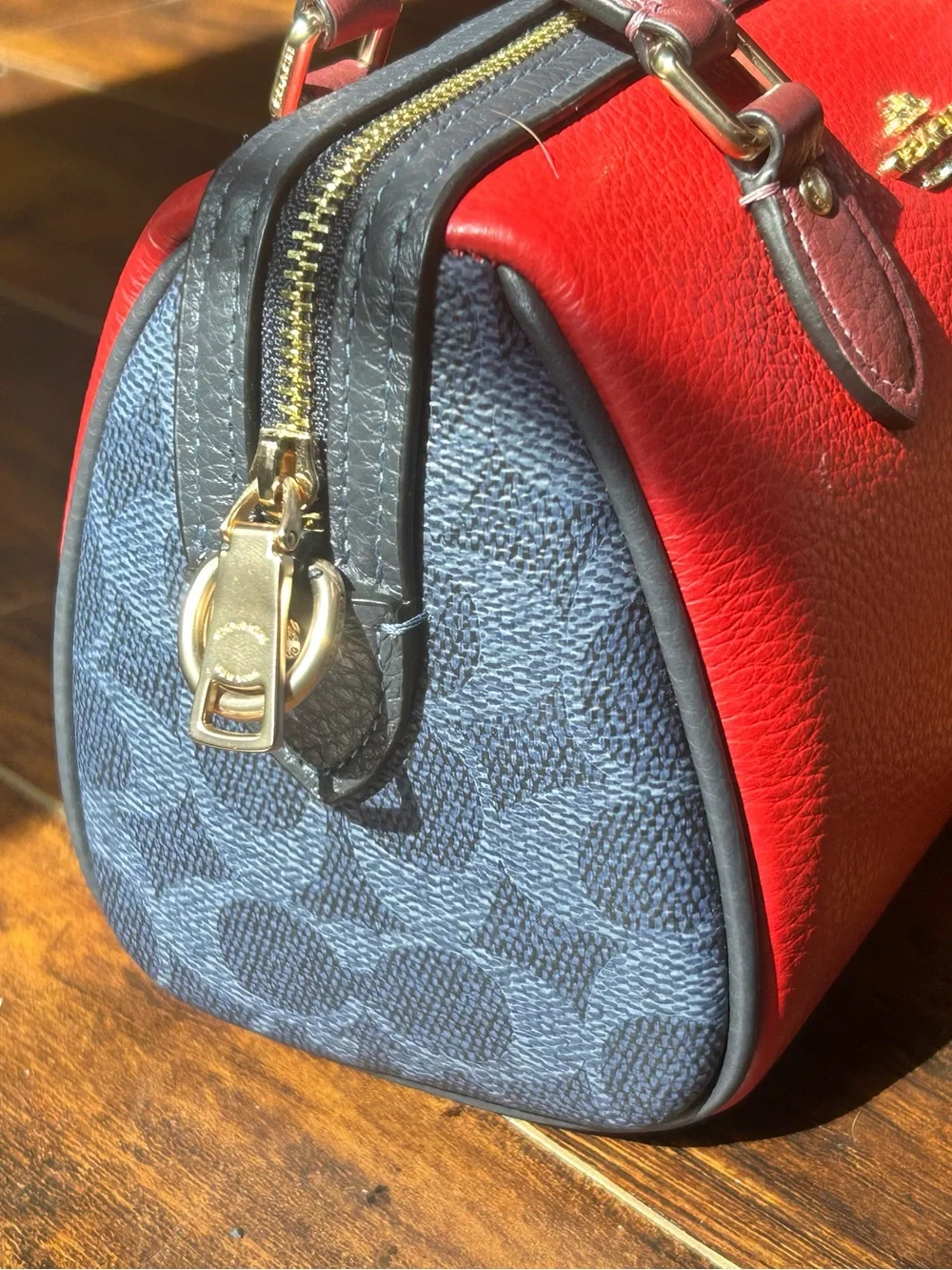 Coach ROWAN Red and Blue Pebbled Leather Mini Satchel with Gold Hardware - Picture 8 of 9